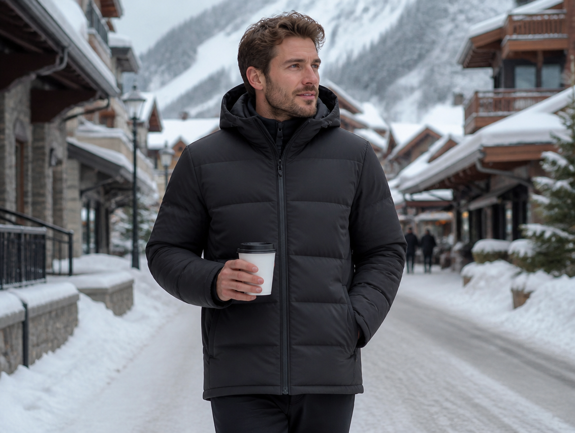 Man in a black insulated jacket in a snowy village