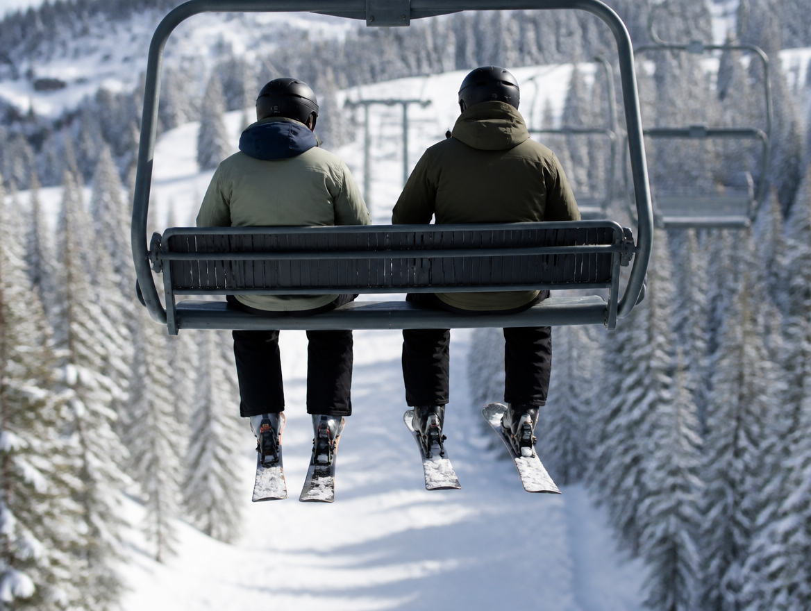 Two skiers in black ski pants on a chairlift