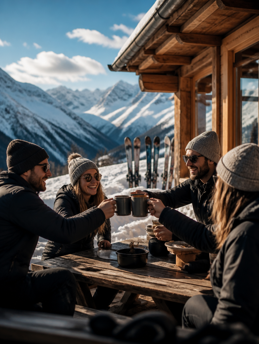 Friends in beanies with mugs on a ski lodge terrace