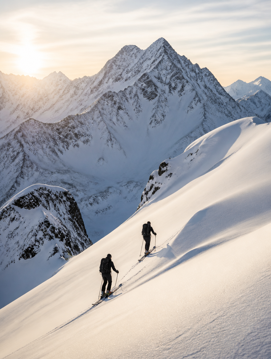 Two ski tourers climbing an untouched mountain face