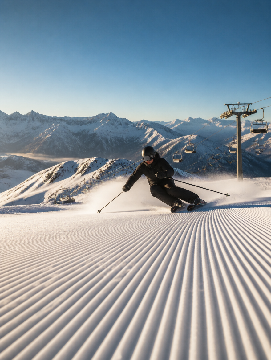 Skier carving on a groomed resort piste in the morning
