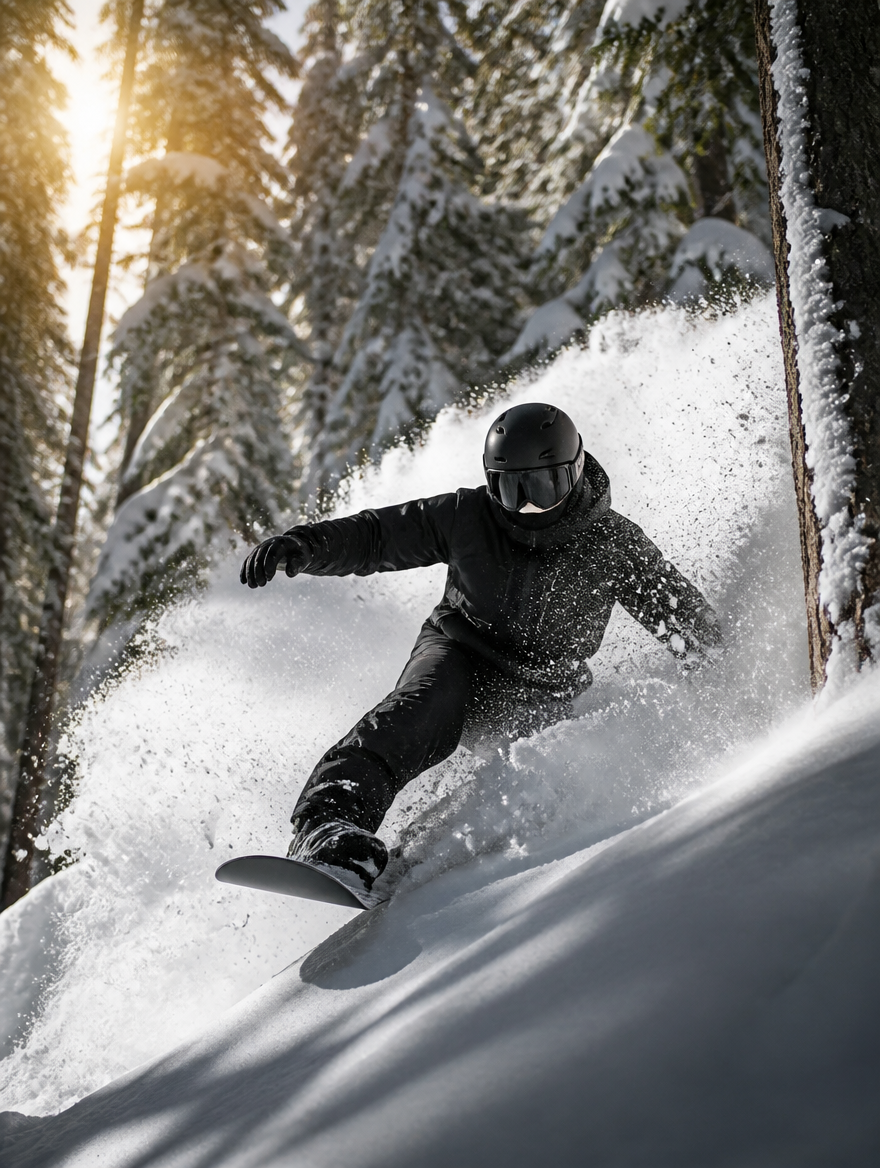 Snowboarder slashing a powder turn between snowy trees