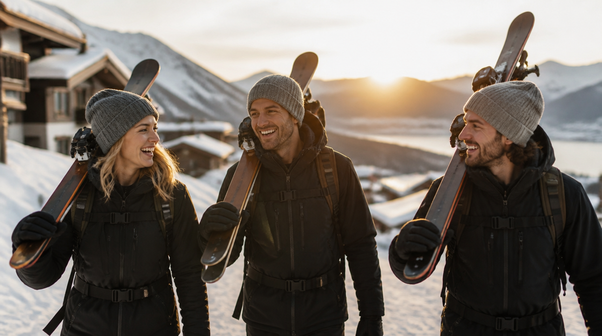 Friends carrying skis through a snowy alpine resort at golden hour