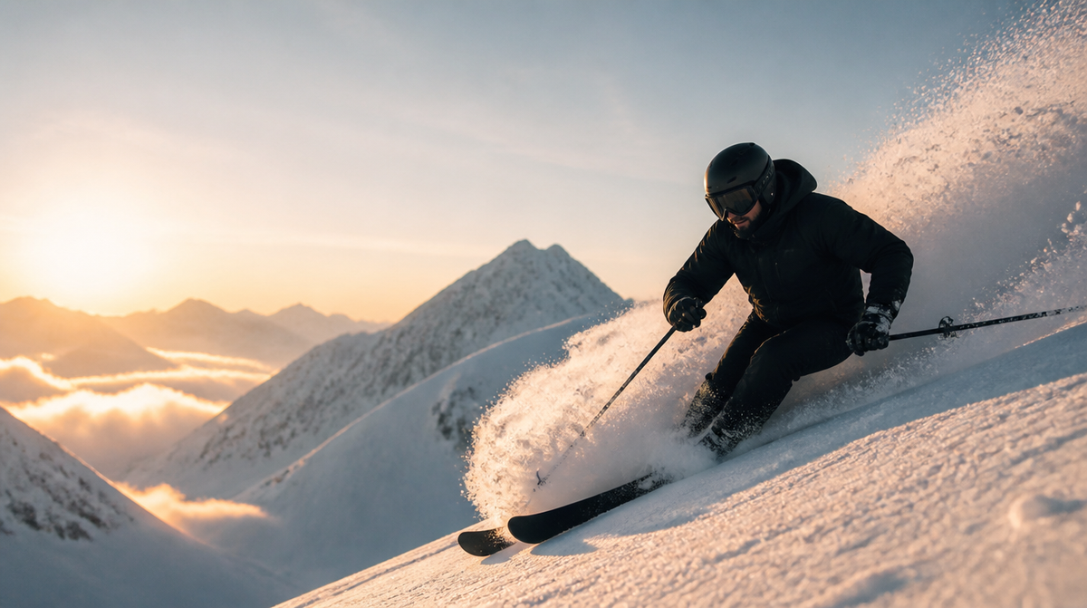 Skier in black outerwear carving through deep powder at sunrise