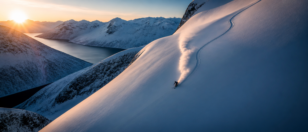 Lone skier leaving a single track down a vast powder face