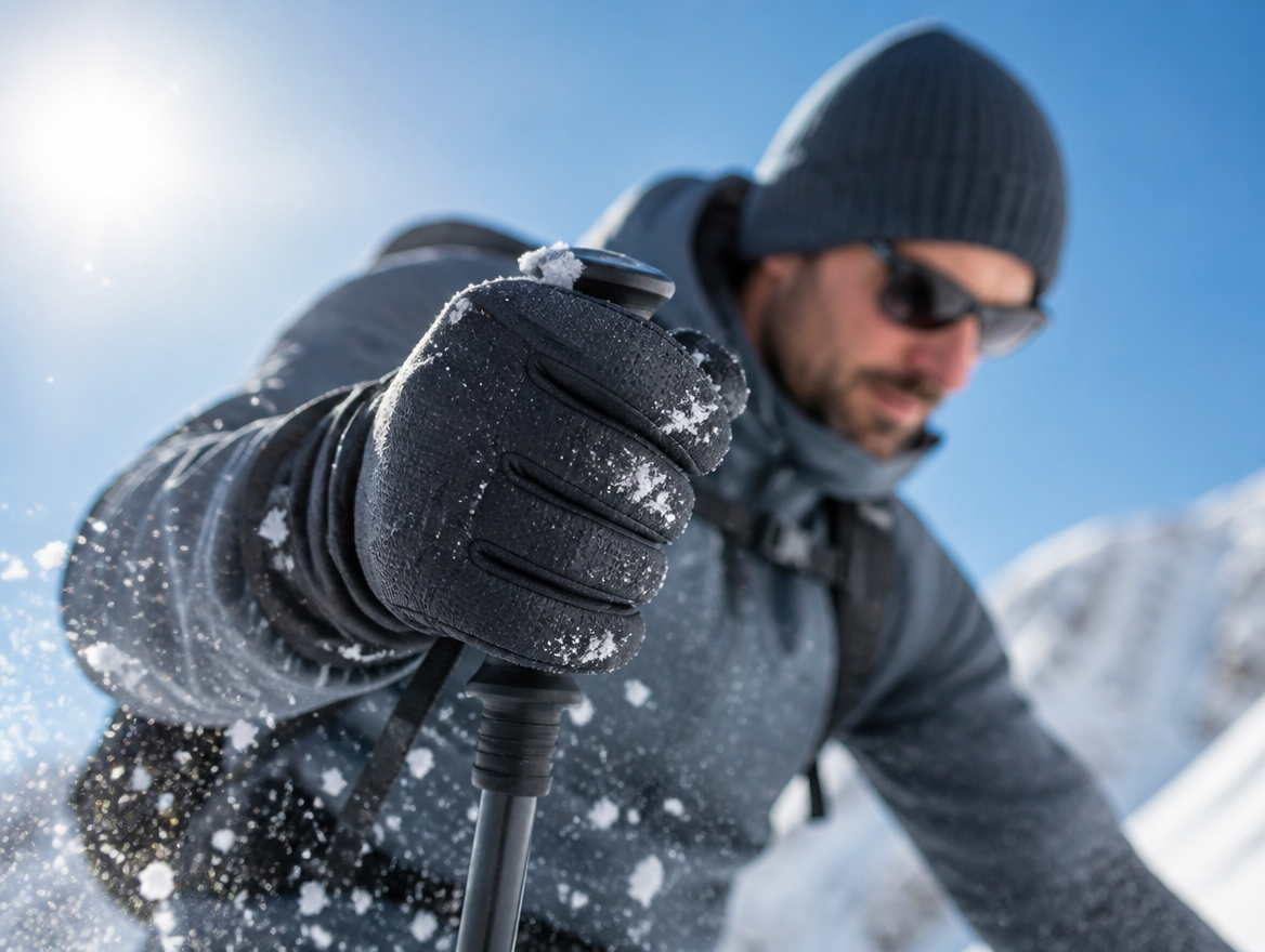 Black ski glove gripping a ski pole in flying snow