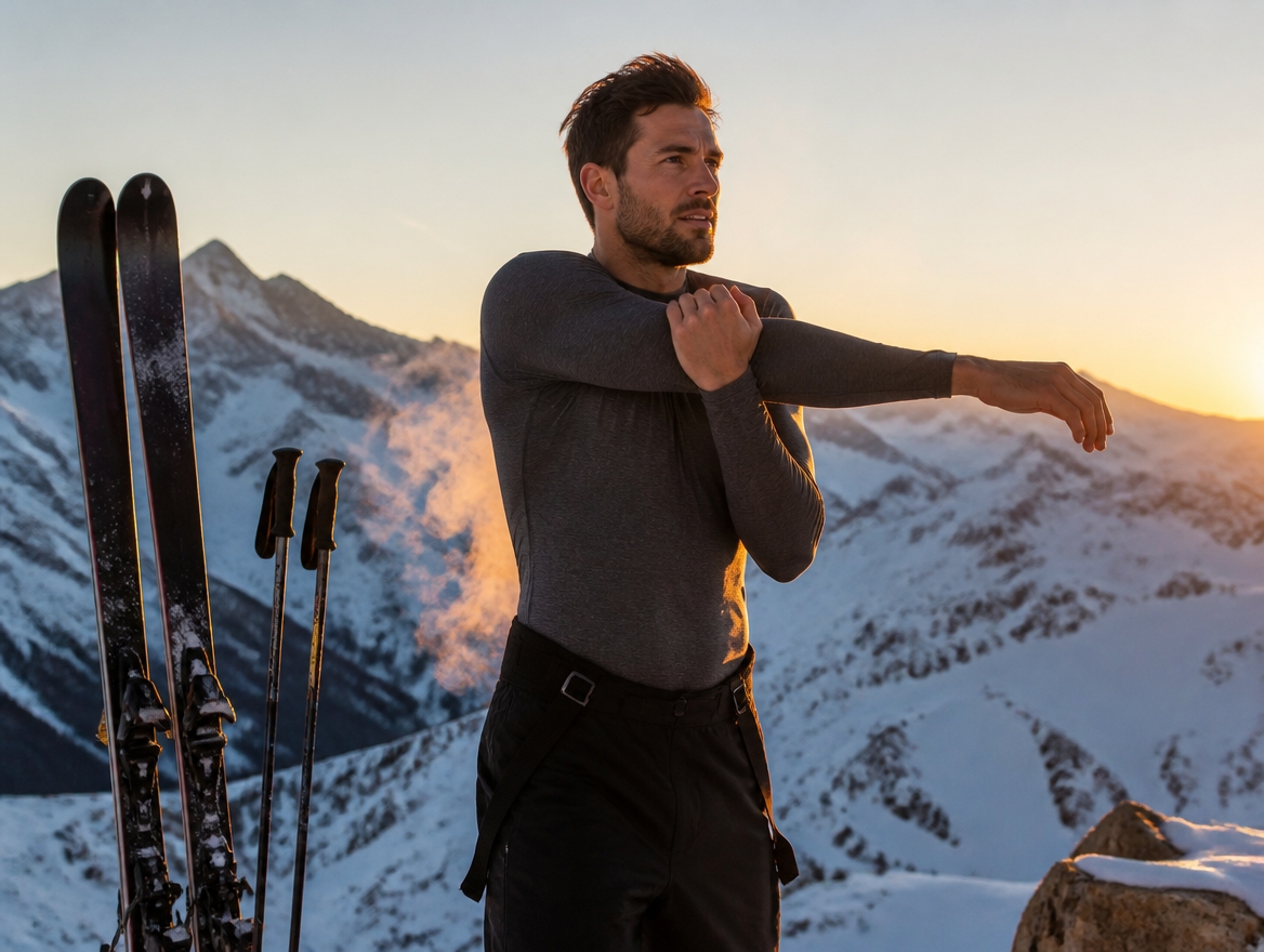 Man in a thermal base layer stretching on a snowy summit