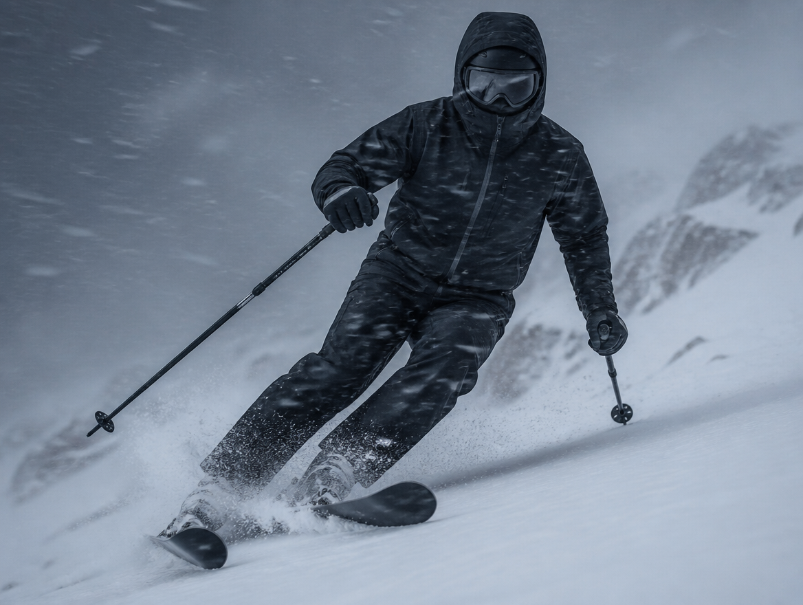Skier in black jacket and pants skiing through a snowstorm
