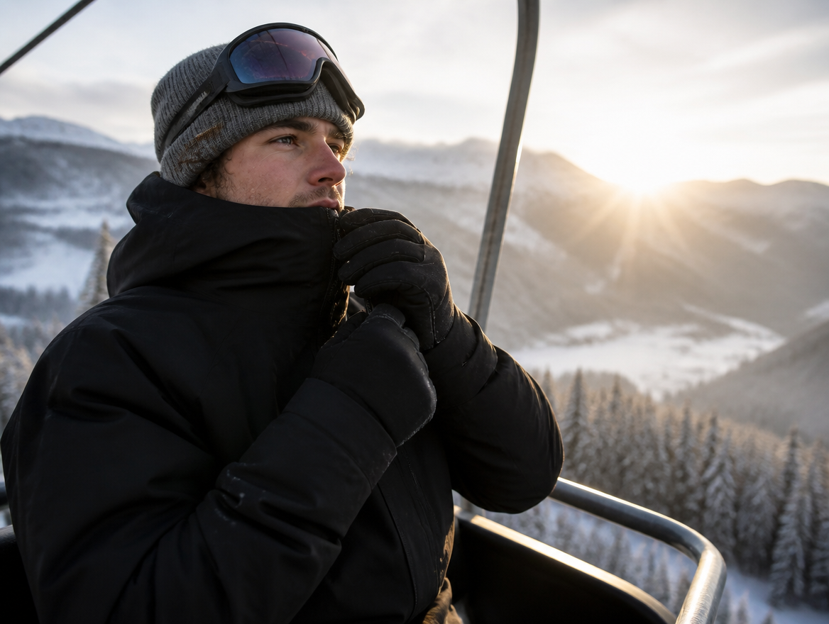 Skier zipping up a black ski jacket on a chairlift