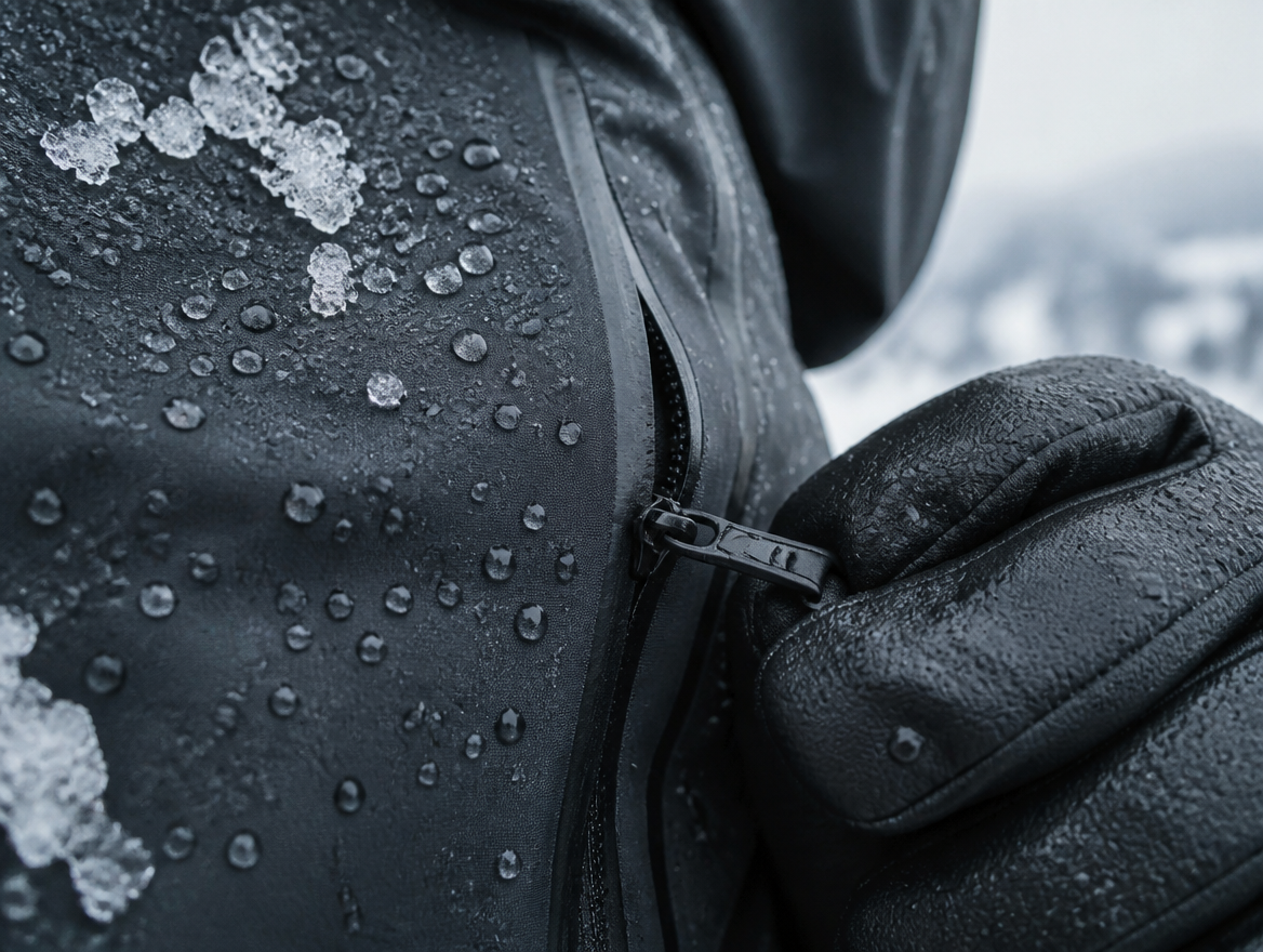 Water beading on black waterproof ski jacket fabric
